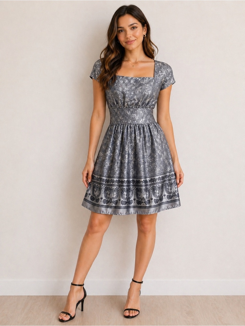 Tramp gray printed satin dress Small